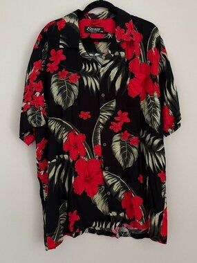Favant Hawaiian Aloha Shirt Red Hibiscus Black Tropical Floral Resortwear 2XL